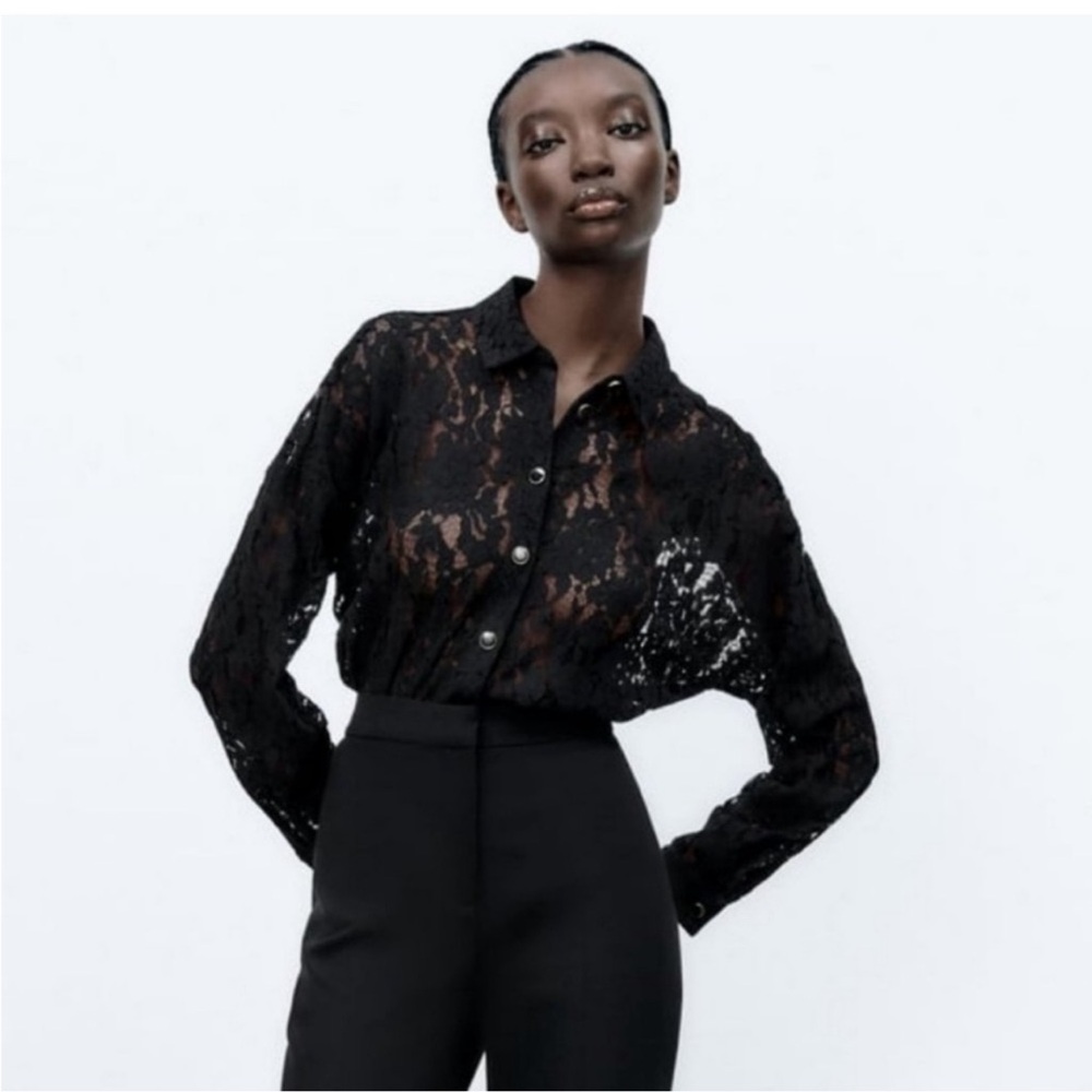 Zara Black Lace Button-Down Shirt - Women's Elegant Top